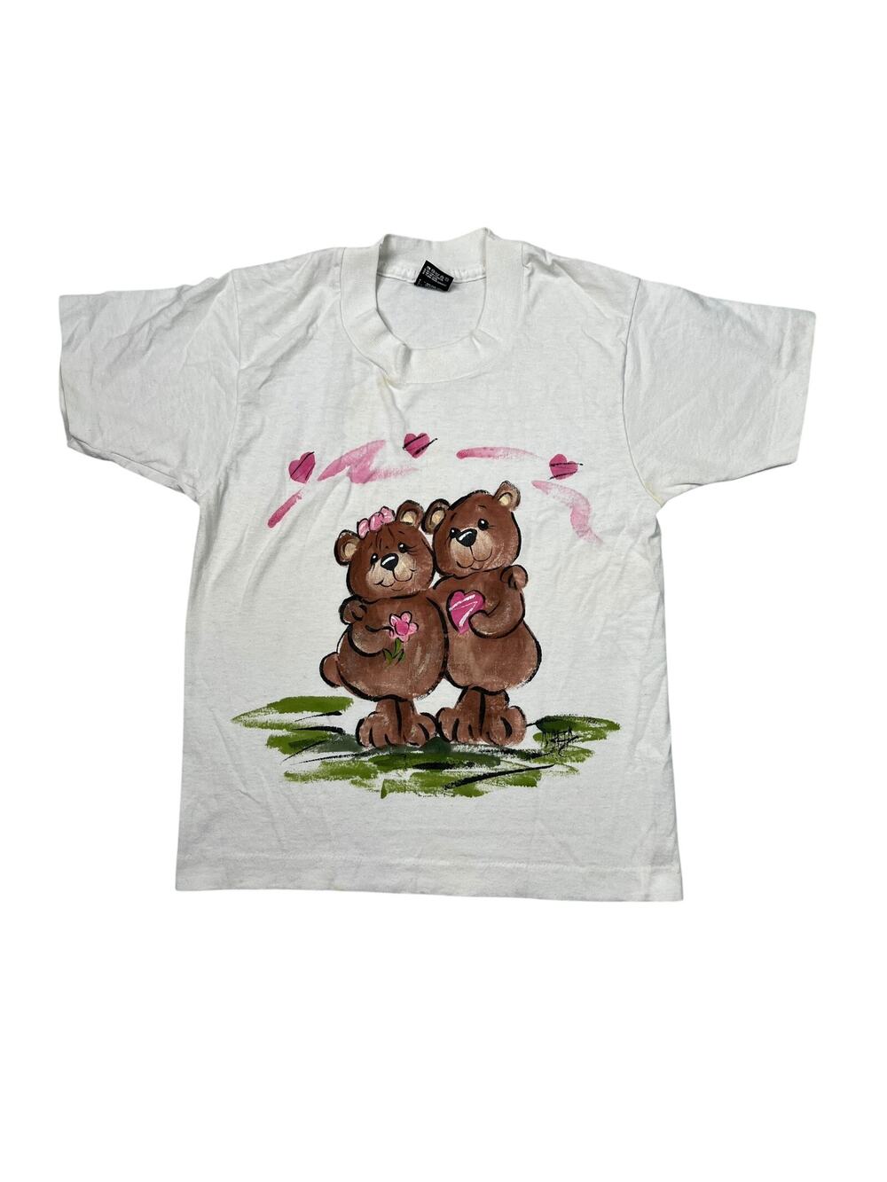 Vintage 90s Bears Hearts Graphic T-Shirt Single Stitch FLAW White Youth 10/12